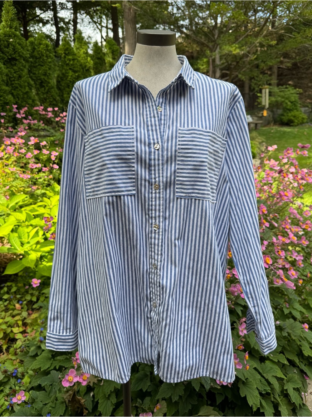 Blue and White Striped Oversize Button Down Shirt Dawn Daisy Boutique